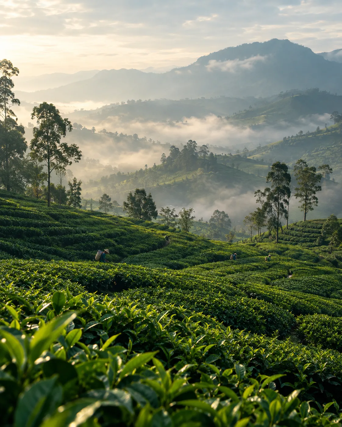 Hill-country tea estate in the morning mist, with pickers at work
