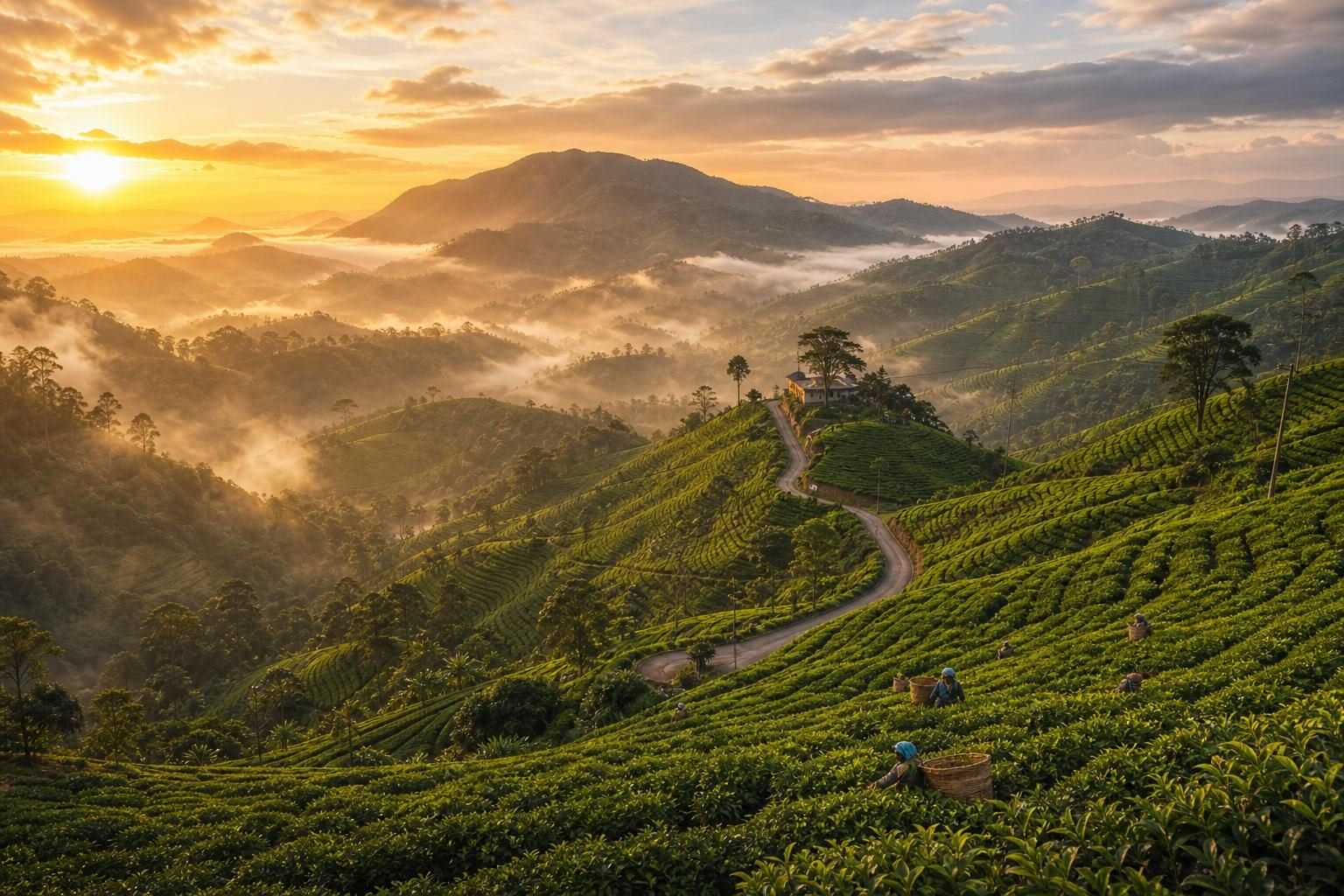 Sunrise over a Sri Lankan hill-country tea estate, with mist in the valleys and pickers working the terraces