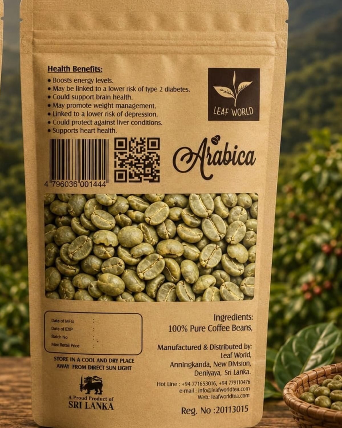 Raw Coffee Beans — Arabica — back of pack
