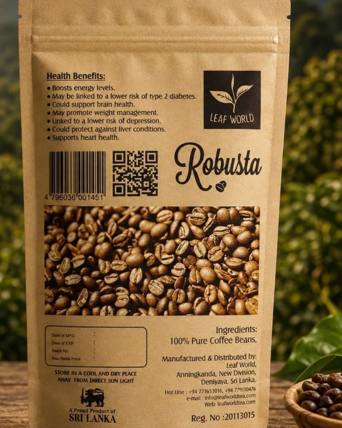 Raw Coffee Beans — Robusta — back of pack